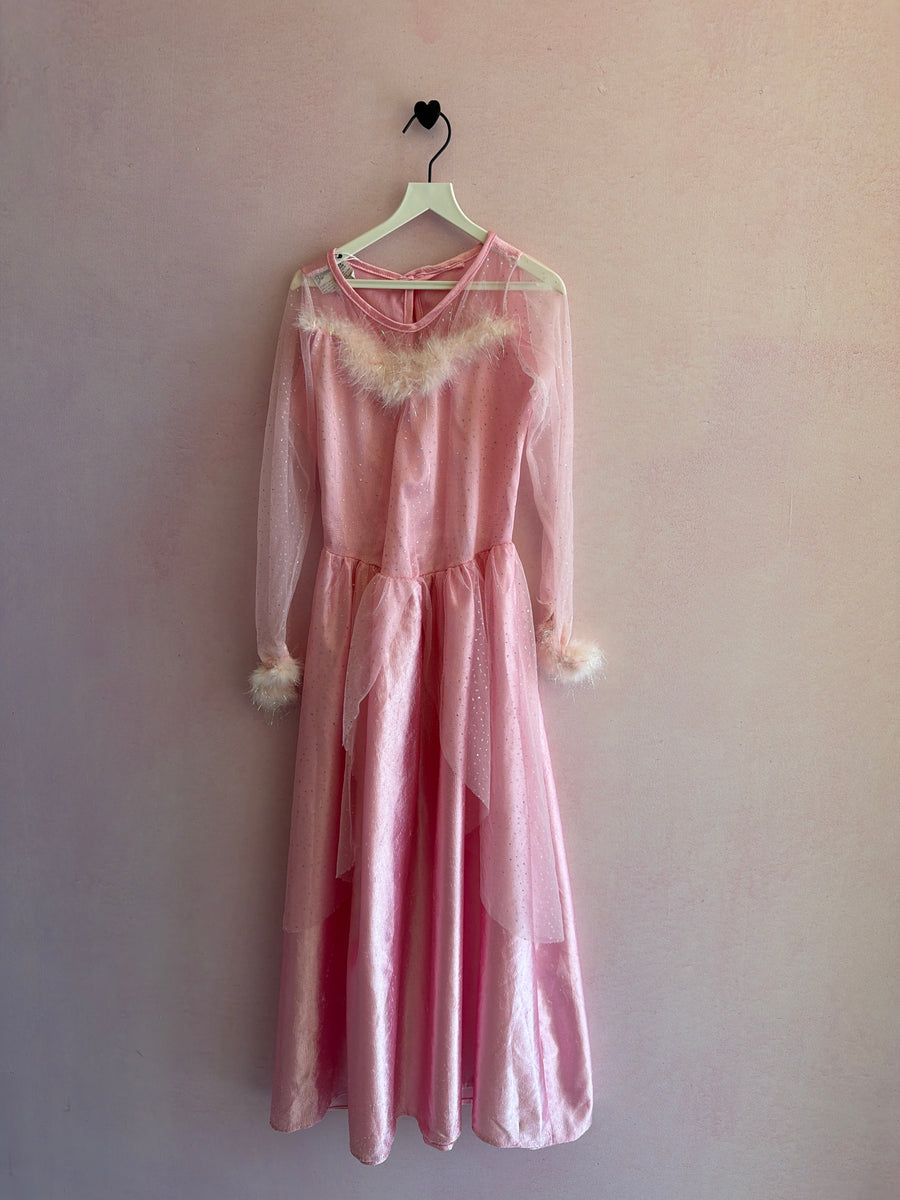 vintage y2k Barbie Girls Pink Sparkle Dress with Feather Trim / M  (play condition)
