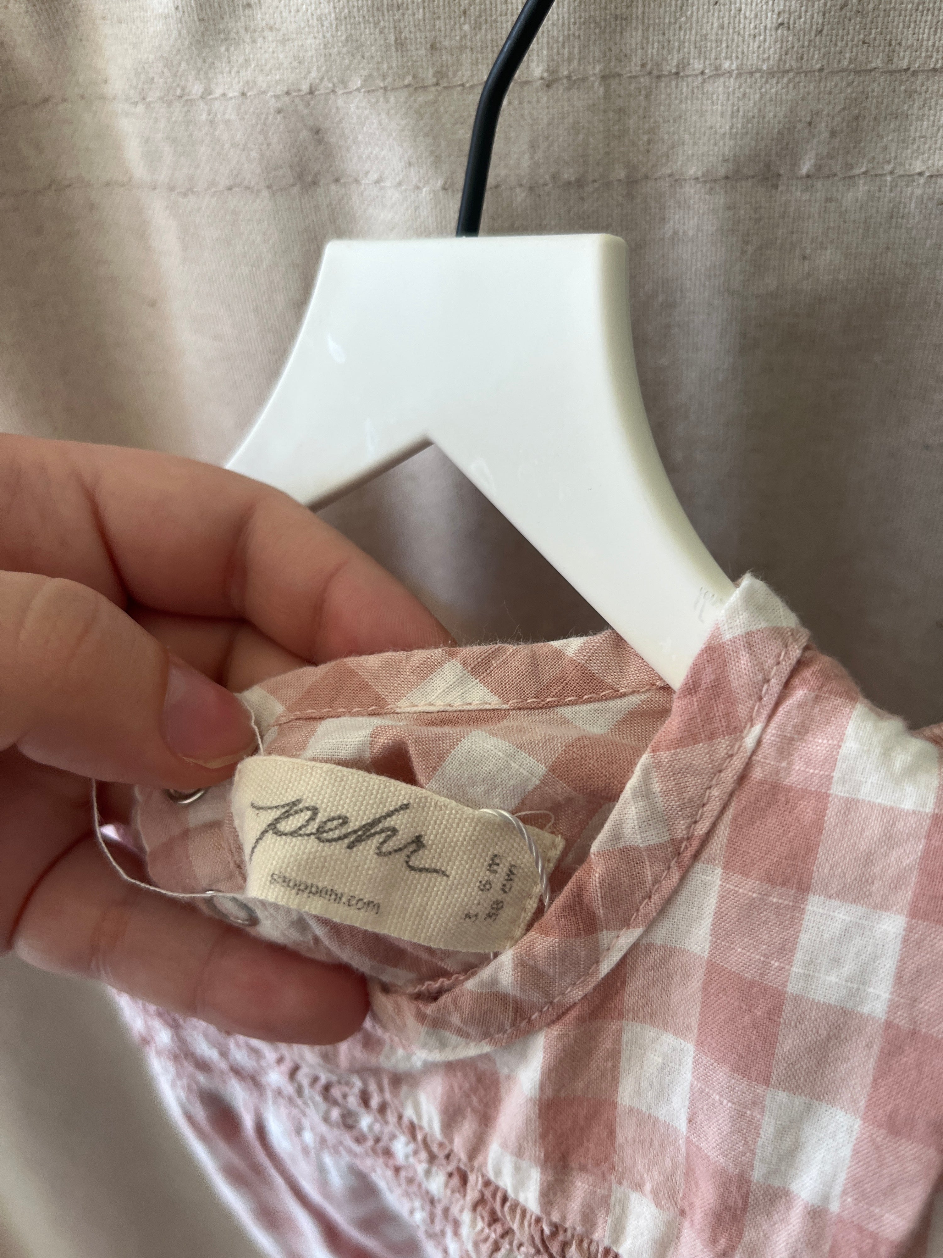 pehr pink white smocked ruffle gingham romper / 3-6 months