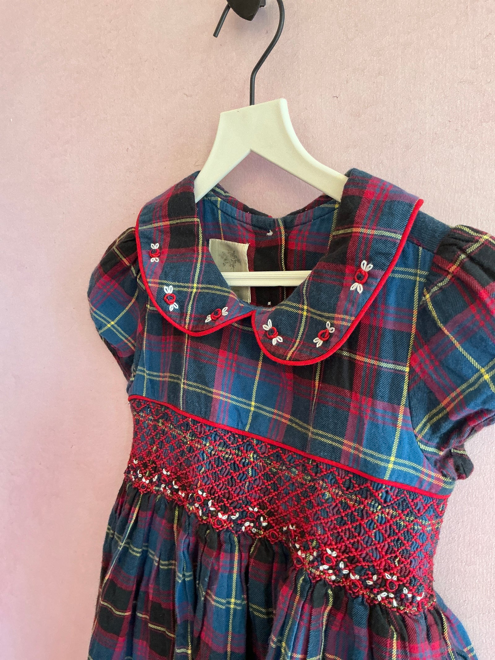 Laura Ashley Navy and Red Tartan Plaid with Rose Applique Hand Smocked Dress / 4