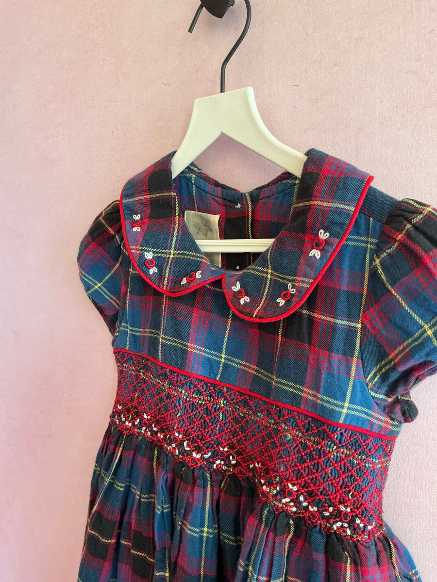 Laura Ashley Navy and Red Tartan Plaid with Rose Applique Hand Smocked Dress / 4