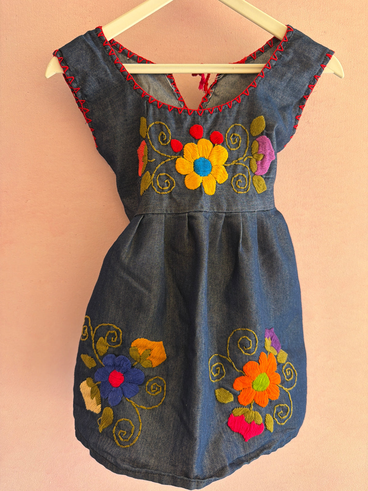 Embroidered Dark Blue Dress with Blanket Stitch Trim