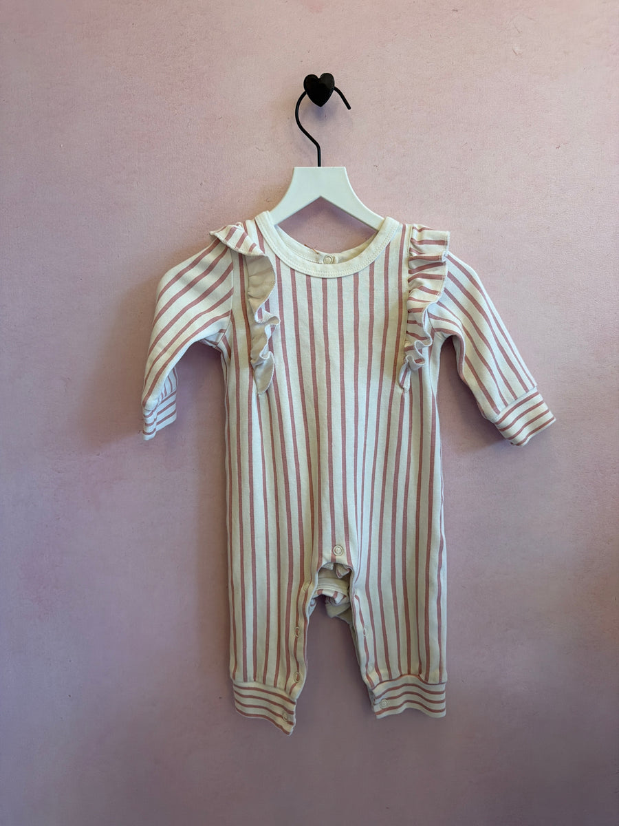 PEHR Pink White Stripe Ruffle Romper / 6-12 months