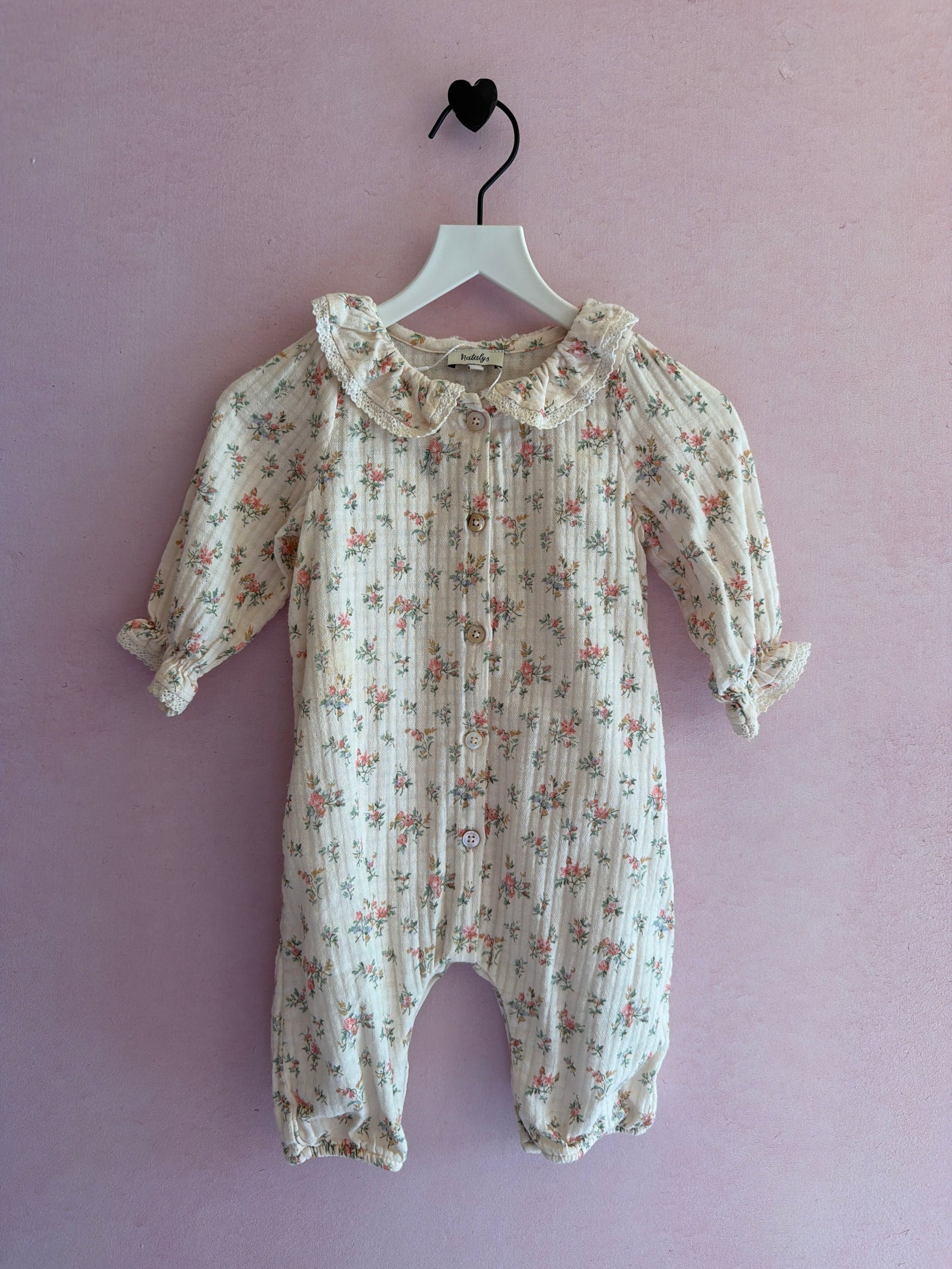 Natalys Cream Muslin Pink Roses Romper / 3m