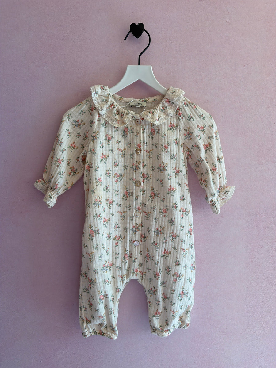 Natalys Cream Muslin Pink Roses Romper / 3m