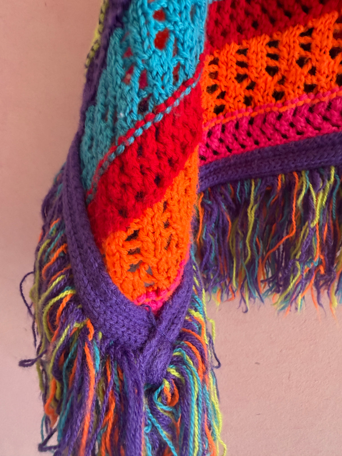 handmade Rainbow Crochet Fringe Asymmetrical Shawl / 2-4