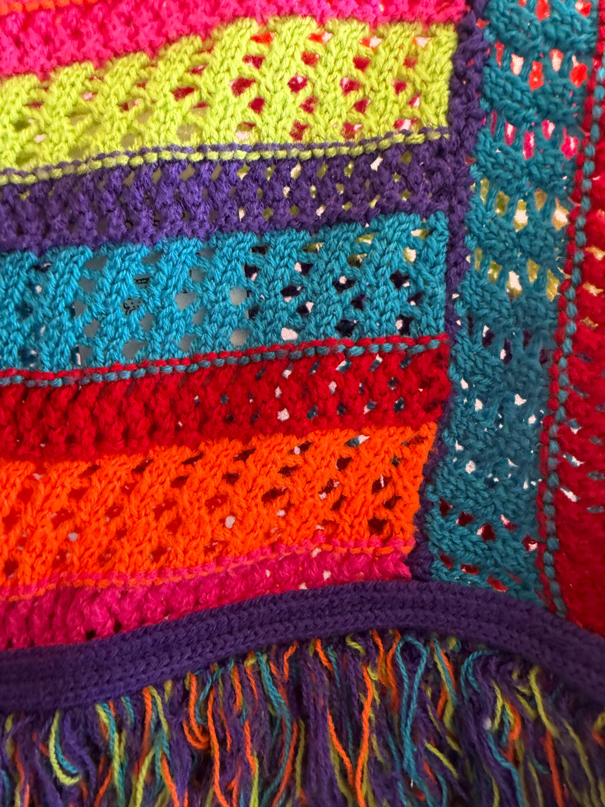 handmade Rainbow Crochet Fringe Asymmetrical Shawl / 2-4
