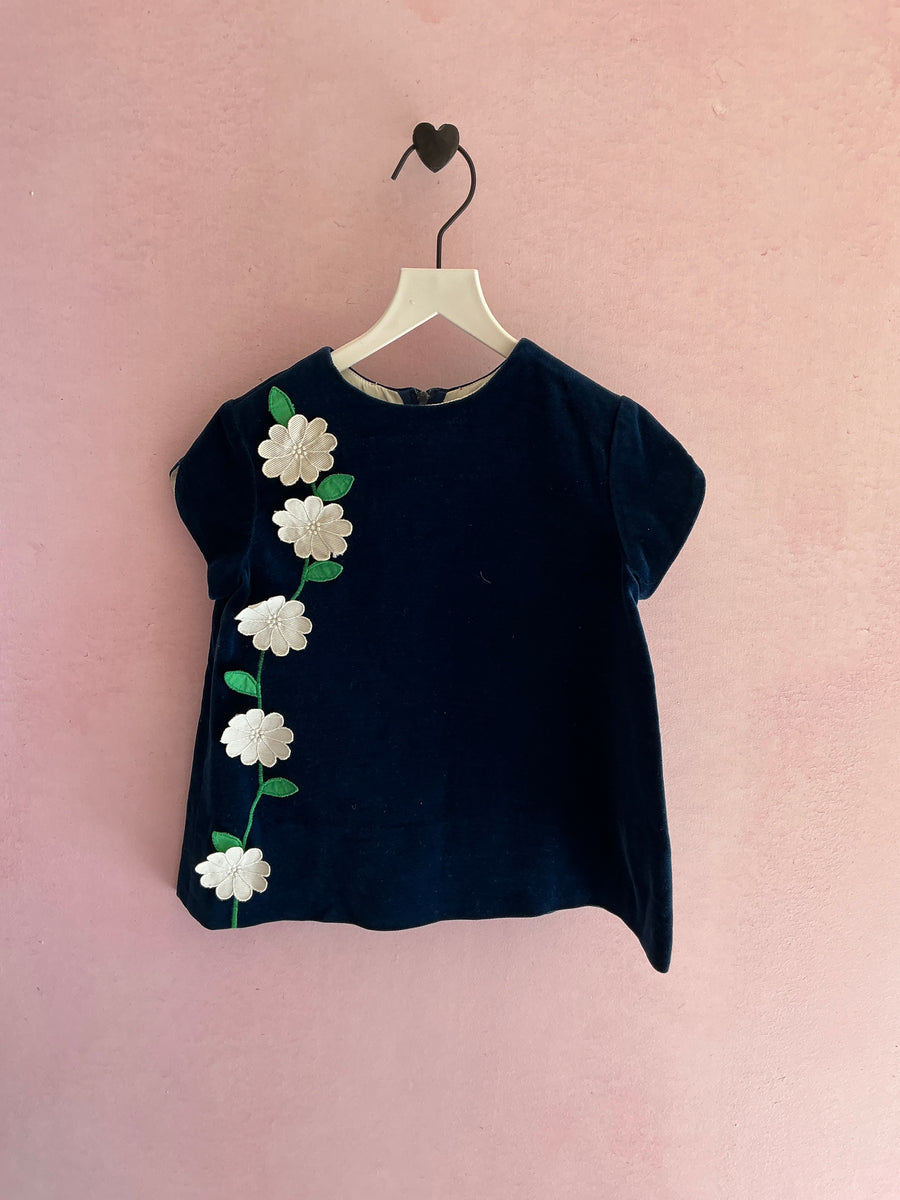 70s vintage blue velvet folk-art daisy applique storybook Dress / 6-12