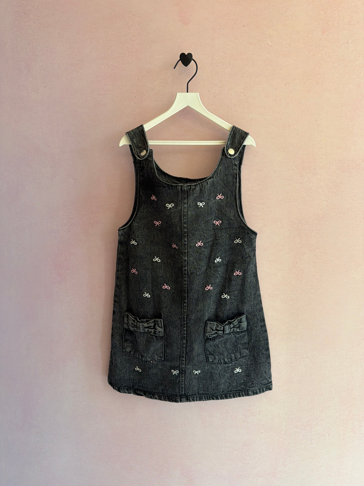 100% cotton Washed Black Bow Embroidery Pinafore Dress / 6X