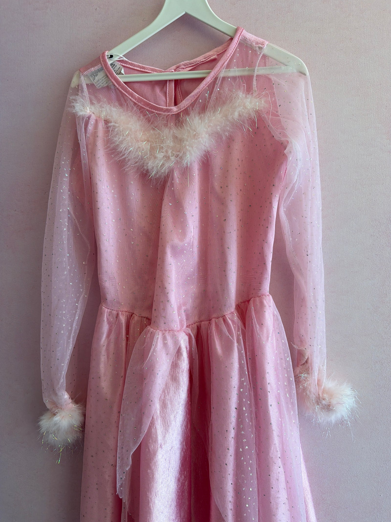 vintage y2k Barbie Girls Pink Sparkle Dress with Feather Trim / M  (play condition)