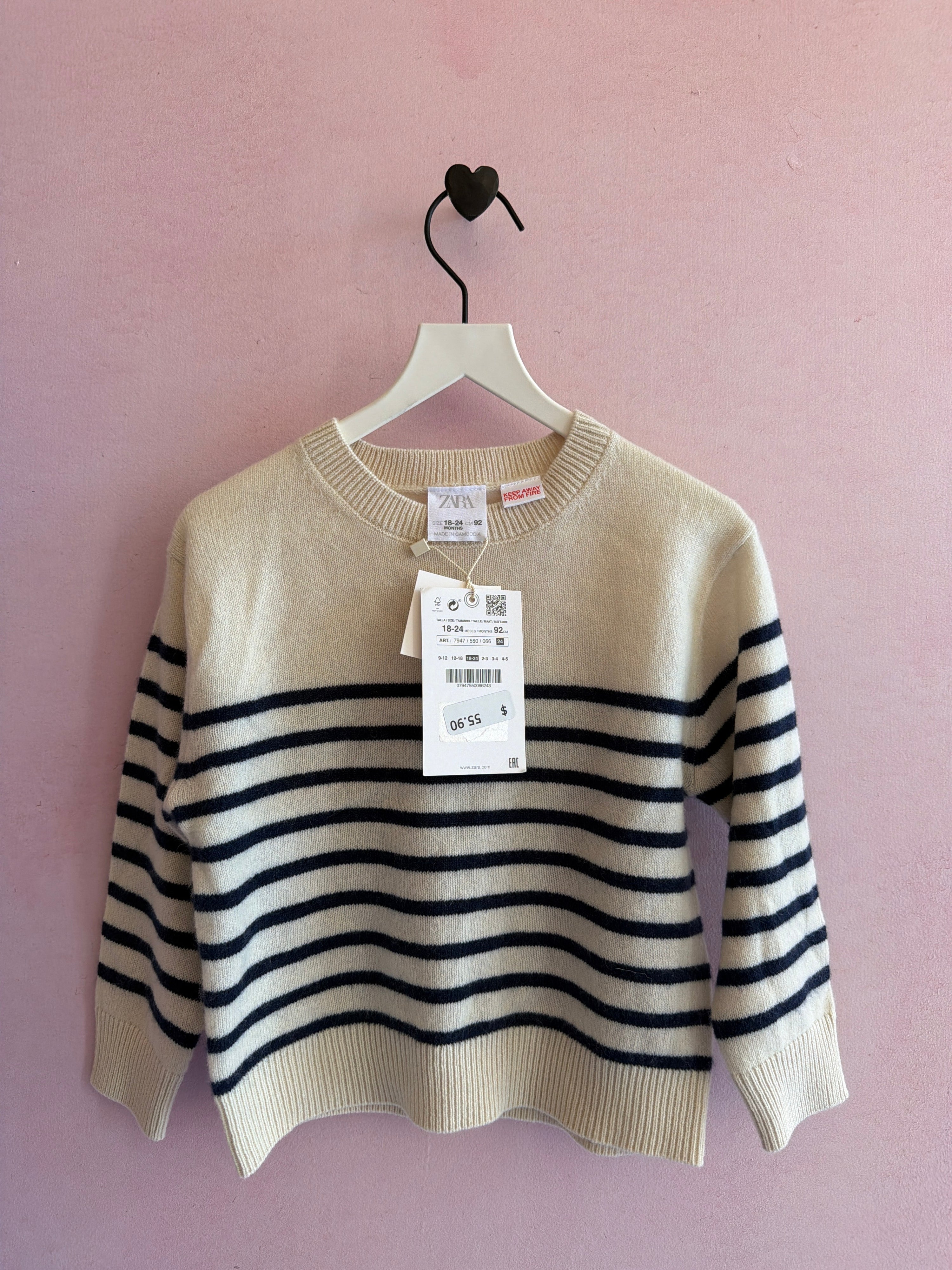 NWTs zara Cream and Navy Stripe Cashmere Sweater / 18-24 months
