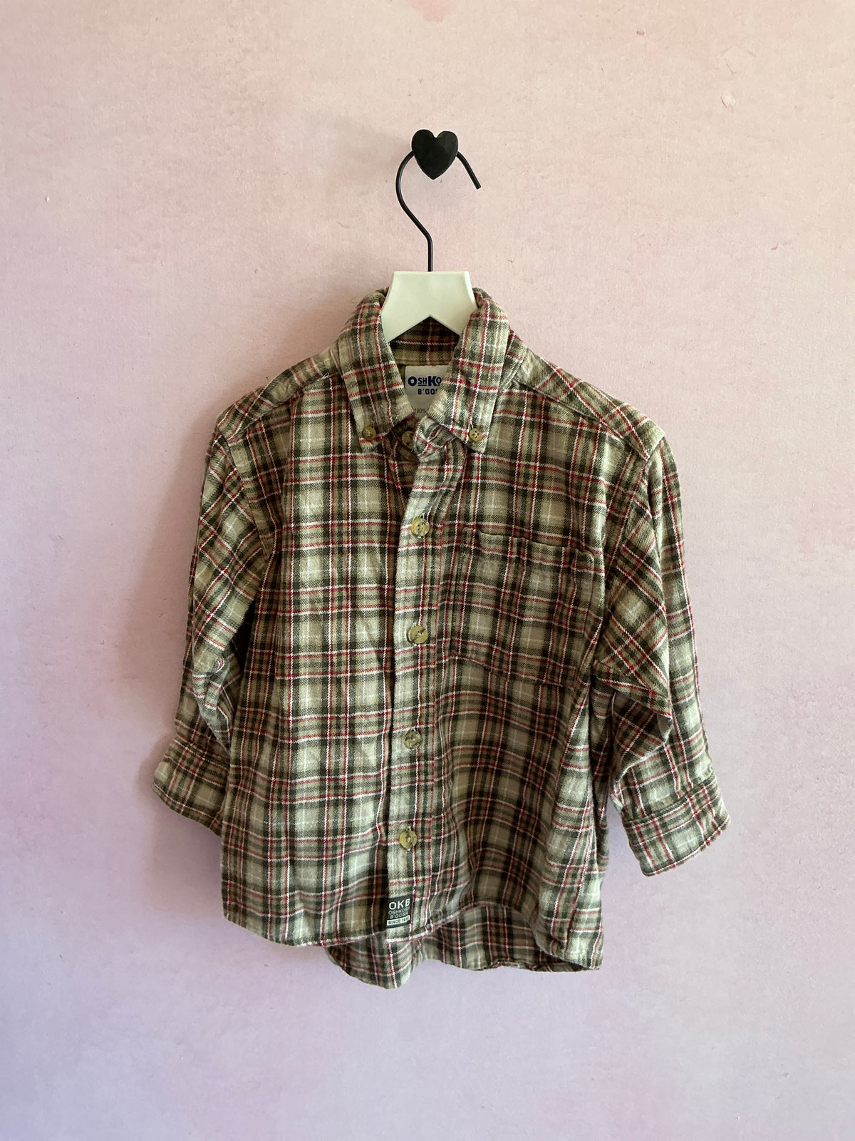 vintage 90s OshKosh B'gosh Green, Red, and Cream Plaid Long Sleeve Shirt / 3T