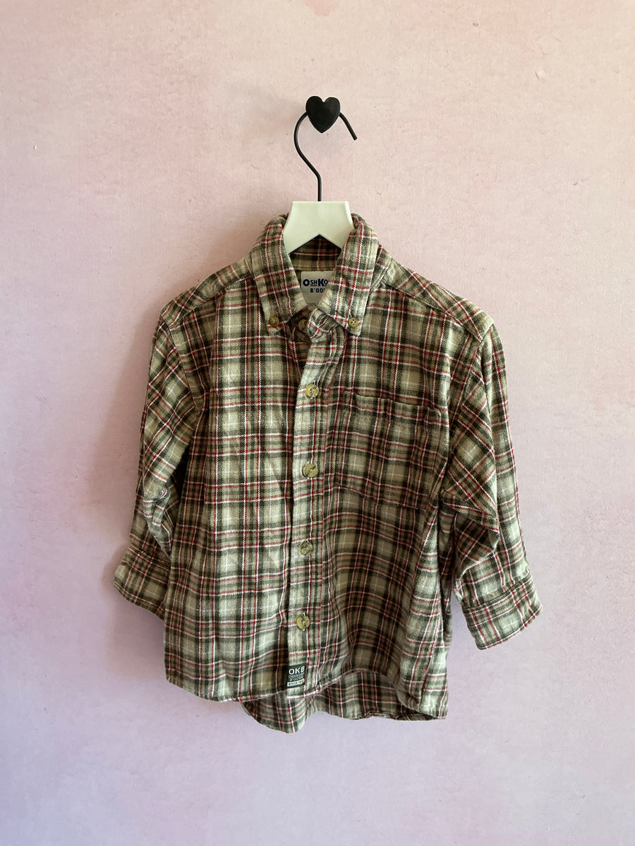 vintage 90s OshKosh B'gosh Green, Red, and Cream Plaid Long Sleeve Shirt / 3T