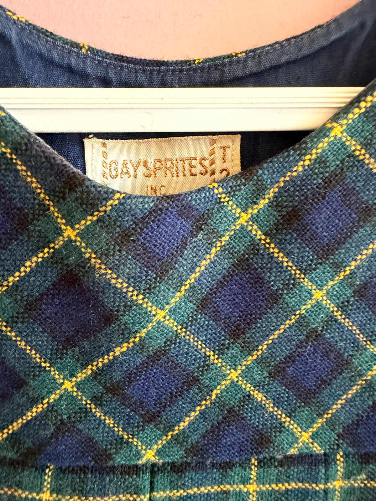 Vintage Gay Sprites Navy and Gold Plaid Wool Pinafore Dress / 2