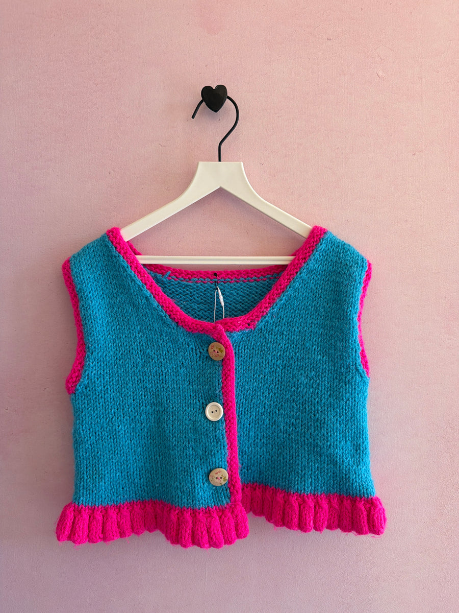 vintage homemade Turquoise and Hot Pink Knit vest / 3T