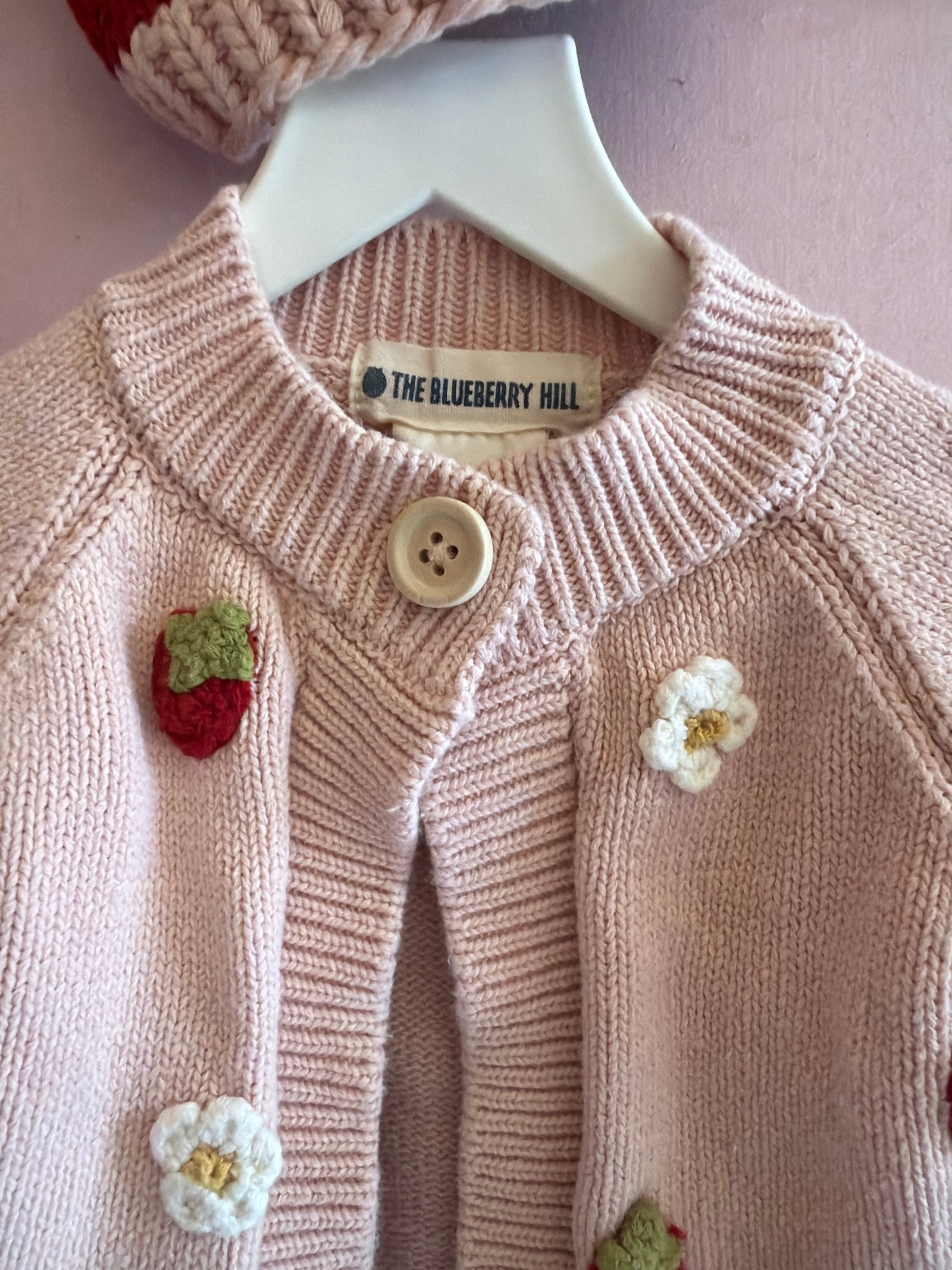 The Blueberry Hill Strawberry Flower Cardigan and Hat Set / 3-6 months