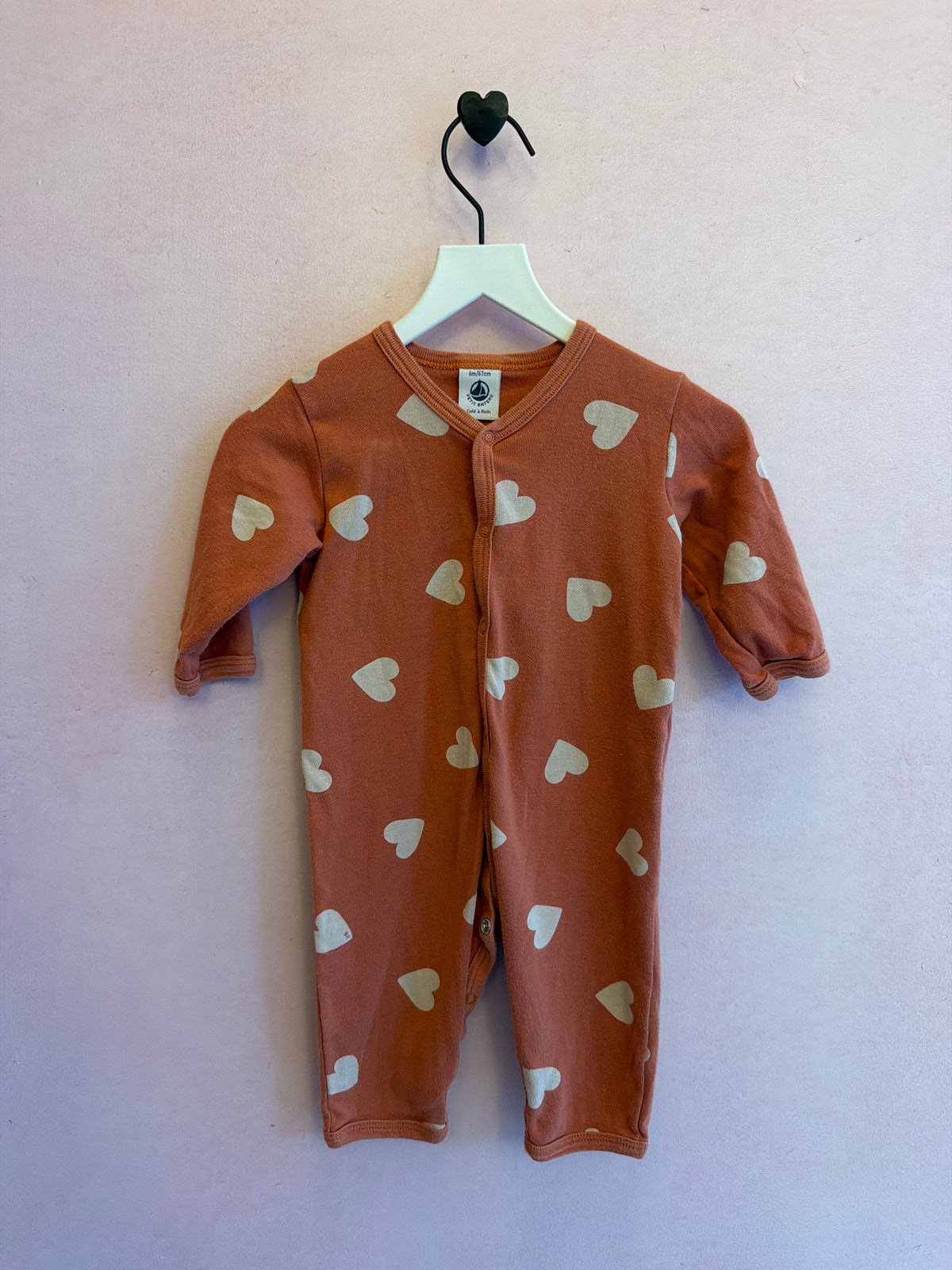 Petit Bateau Salmon with White Hearts Romper / 6 months