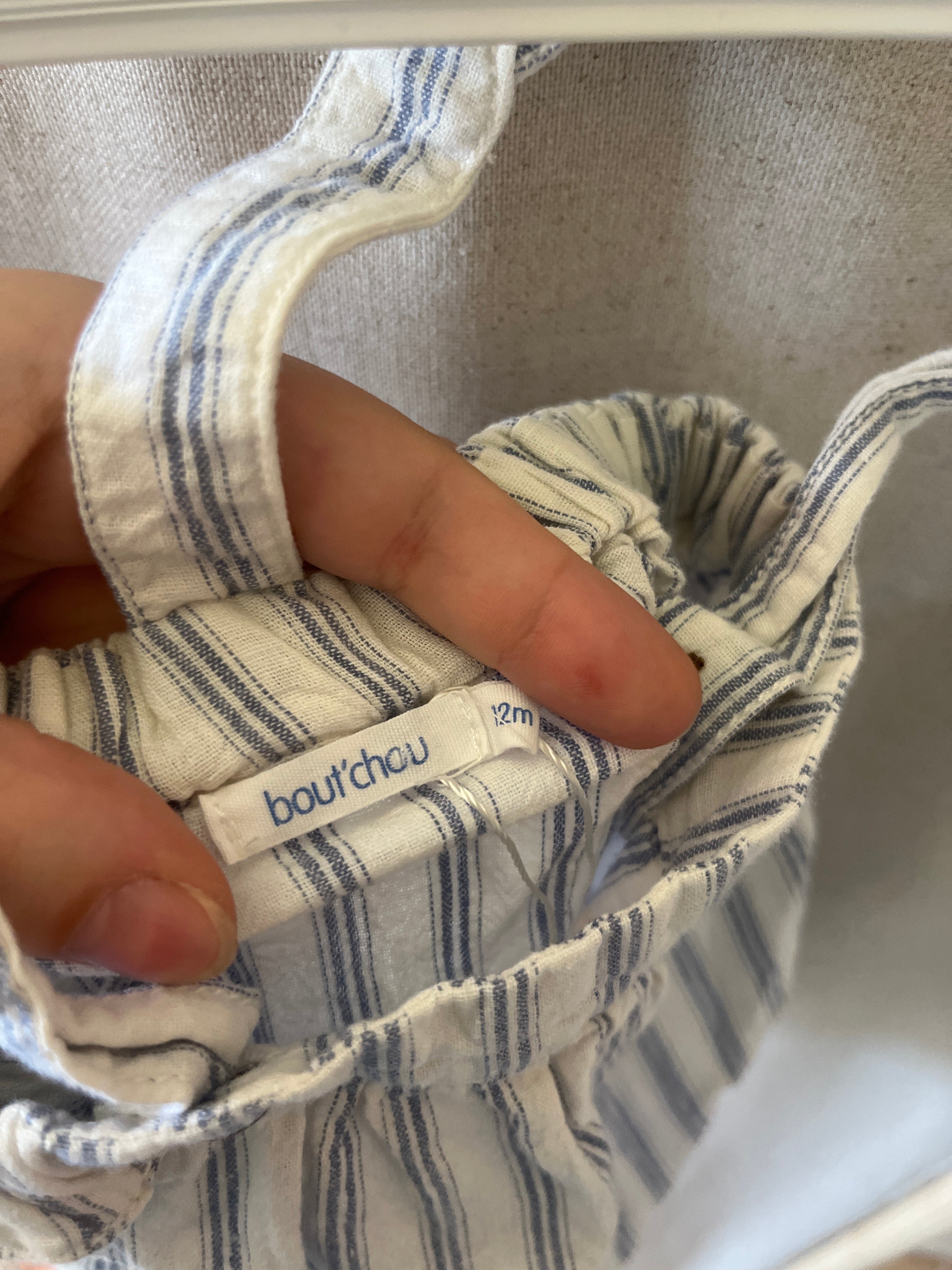 bout'chou White with blue and beige stripes Jumpsuit / 12 months