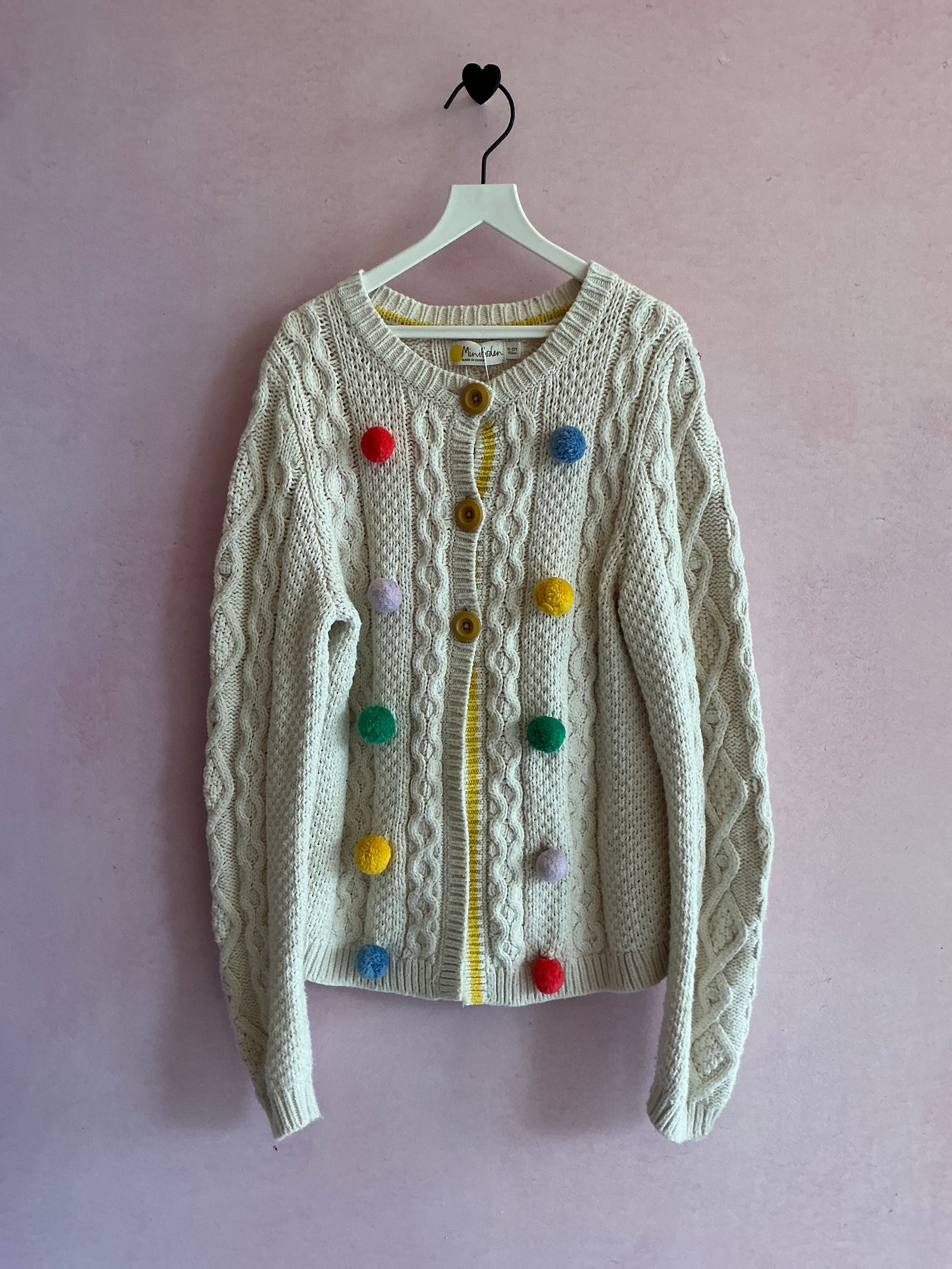 Mini Boden Cream Knit Bright Pom Pom Sweater / 11-12