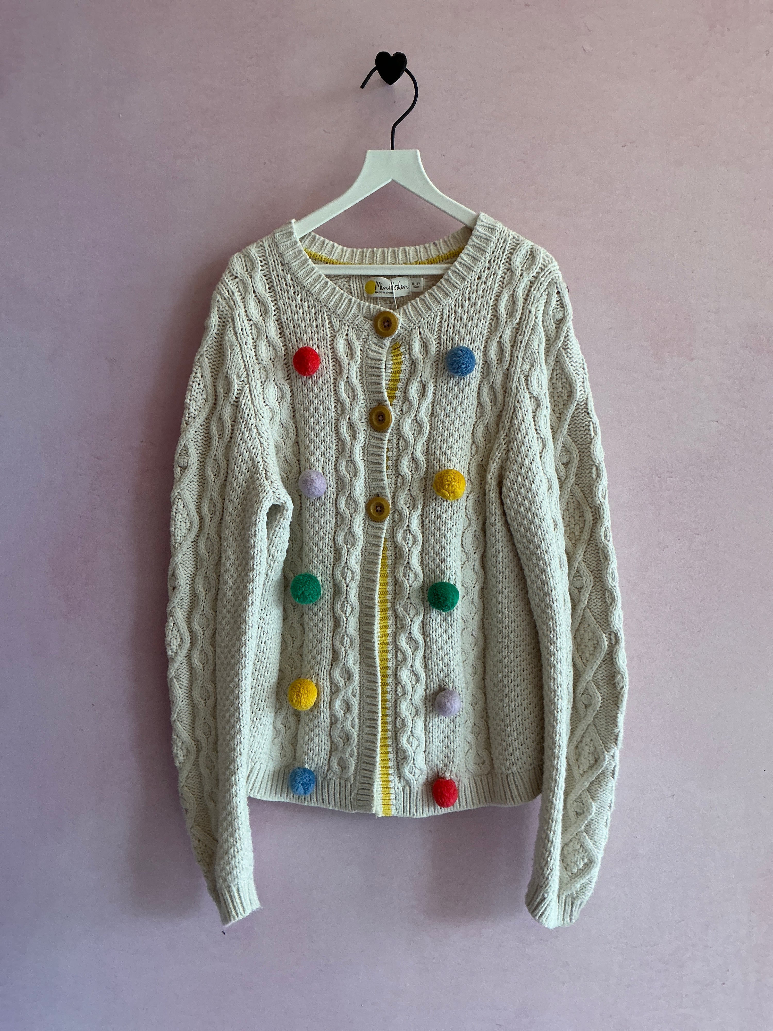 Mini Boden Cream Knit Bright Pom Pom Sweater / 11-12