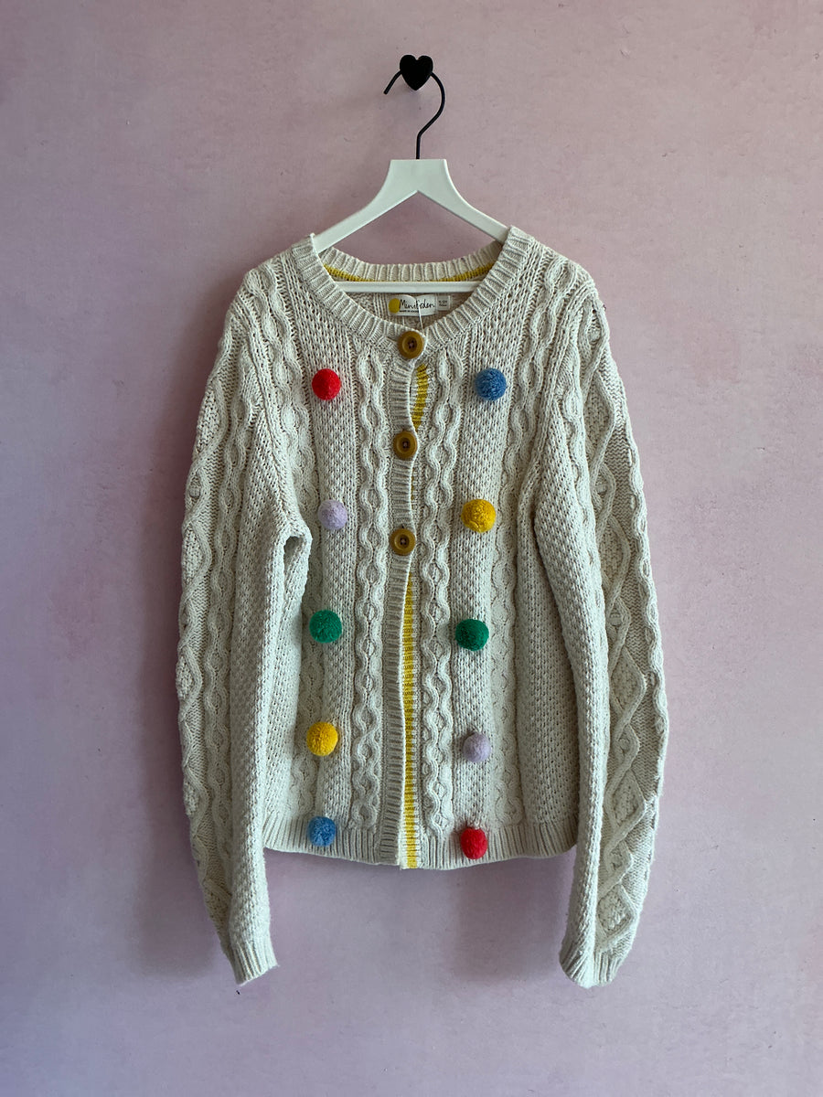 Mini Boden Cream Knit Bright Pom Pom Sweater / 11-12