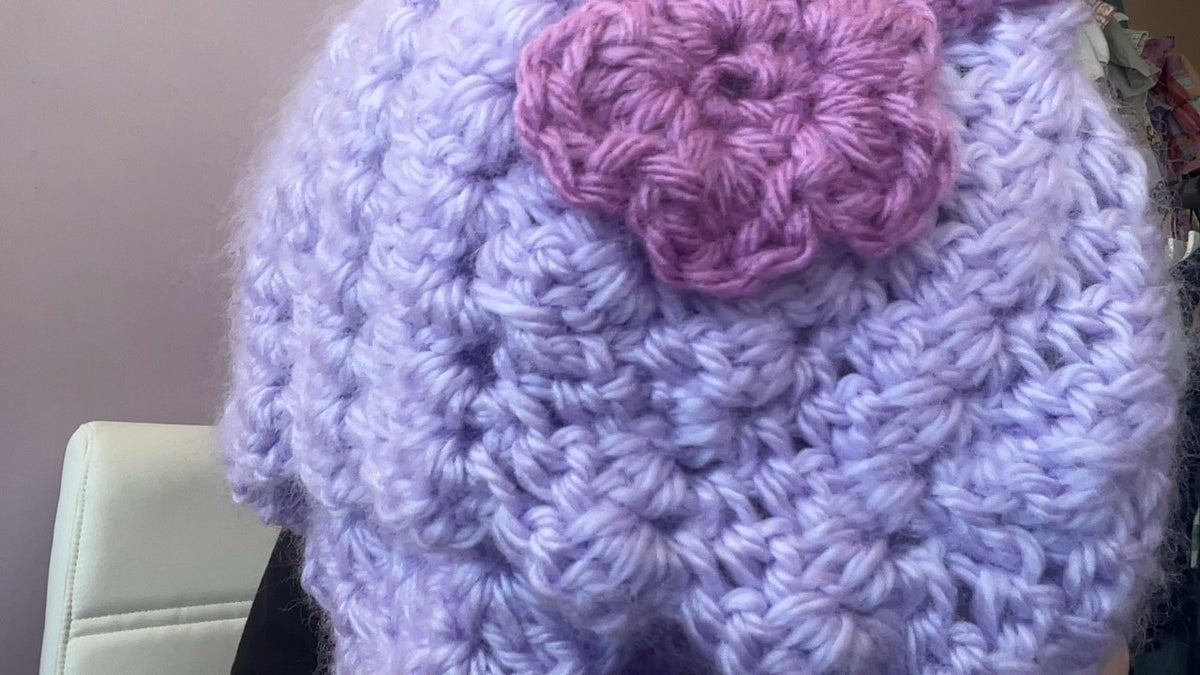lavender and plum purple floral crochet hat / one size