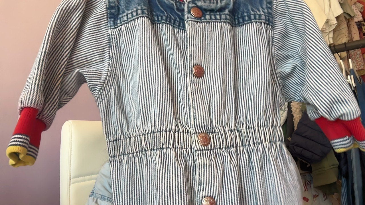 vintage 1989 Levi's VTG 1989 Little Levis Railroad Stripe Denim Romper Made in USA Orange Tab Baby Levi's Jumpsuit / 12 months (As is)