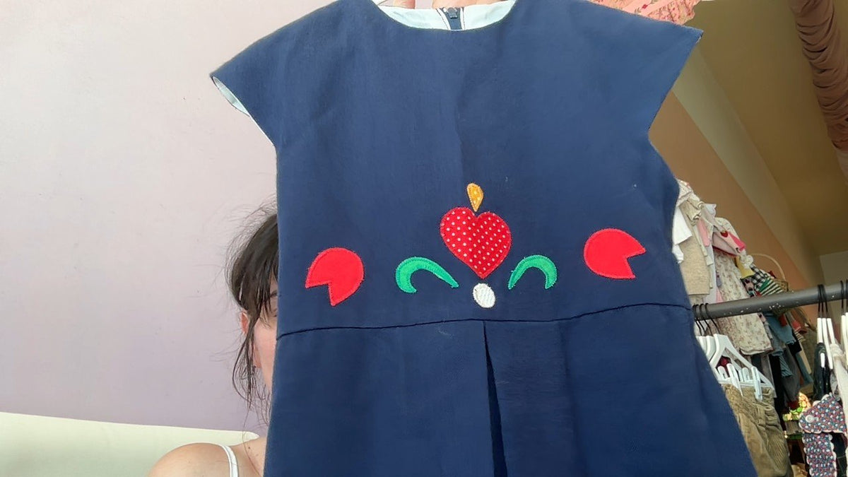 vintage homemade Navy Folk Heart Tulip Applique Dress / 7