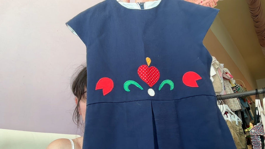 vintage homemade Navy Folk Heart Tulip Applique Dress / 7