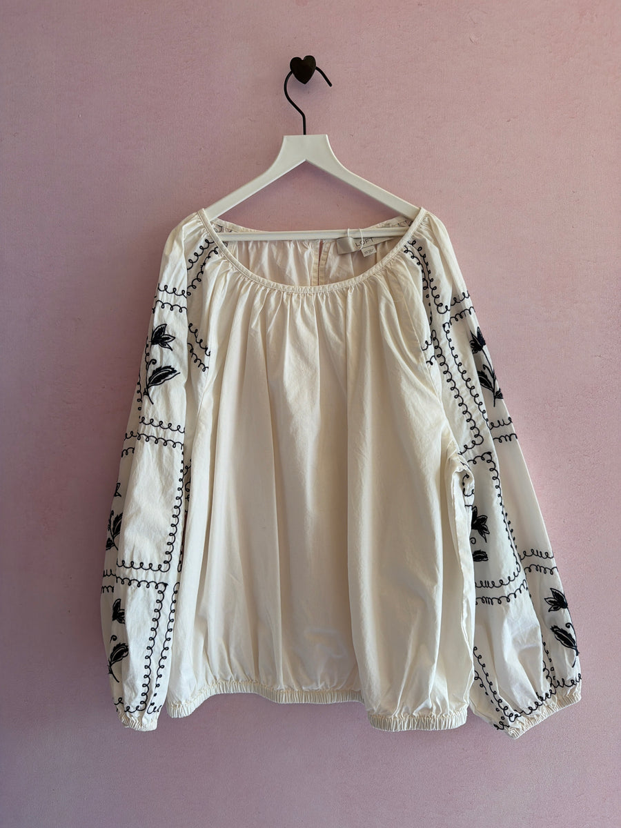 LOFT White Poplin Blouse with Navy Embroidered Sleeves / XS