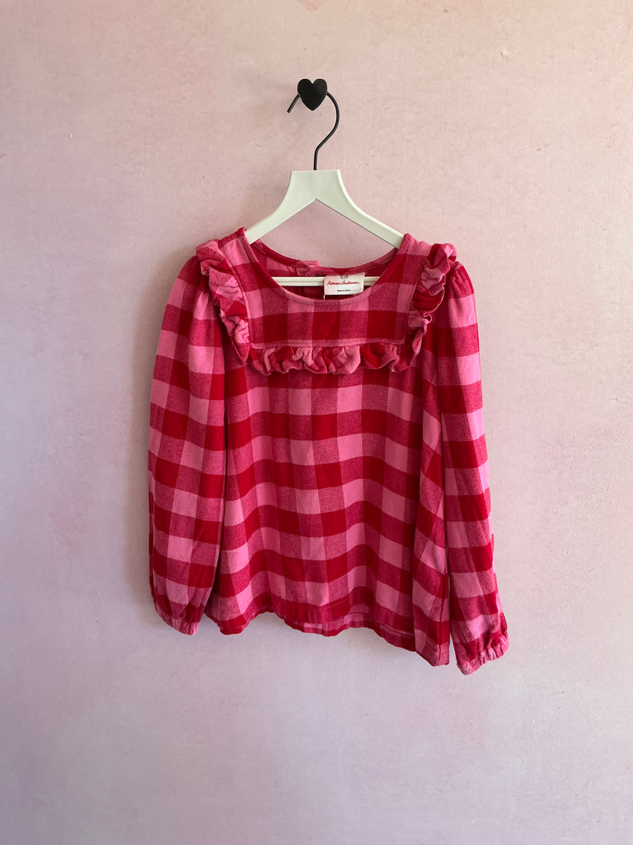 Hanna Andersson Pink and Red Check Ruffle Collar Flannel Blouse / 4-5 years