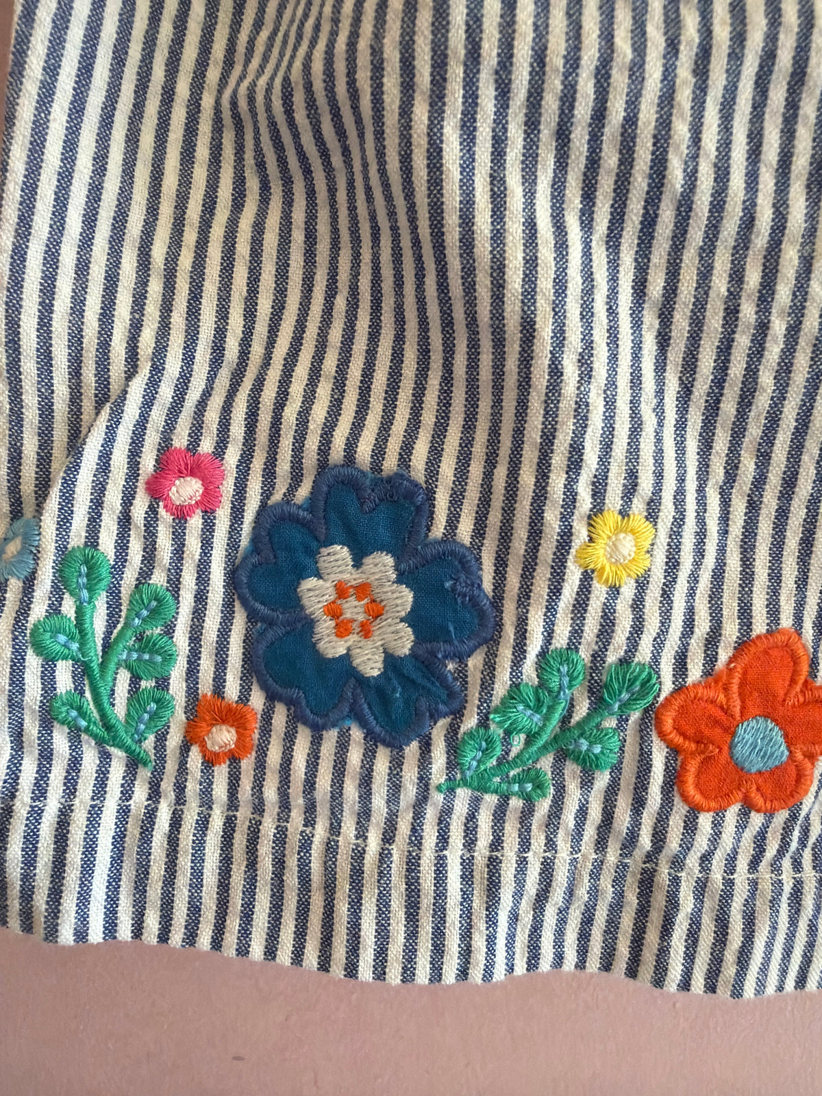JoJo Maman Bebe Blue ticking stripe, floral embroidery, ruffle sleeve Top / 3-6 months