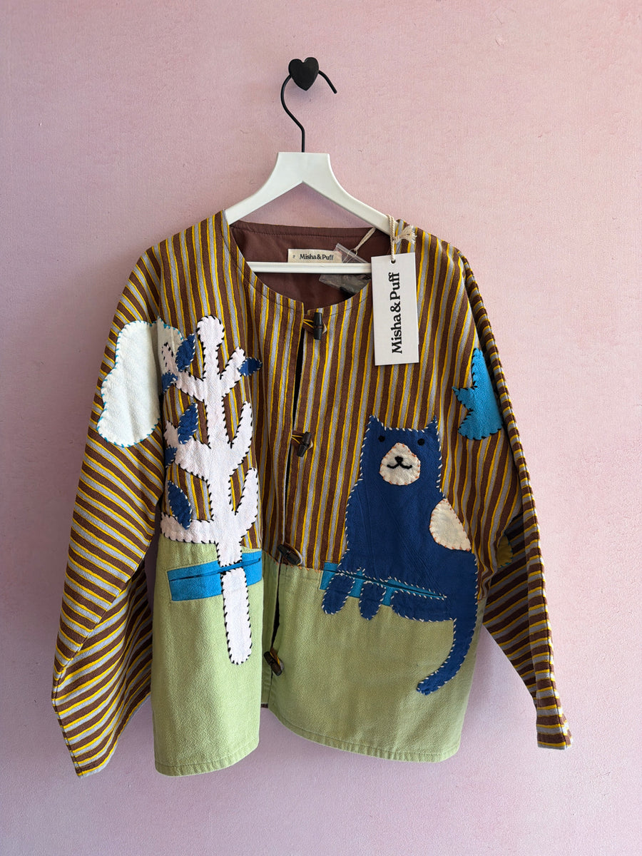 Misha & Puff Cola Painterly Stripe Catscape Applique Cardigan / 8 Years
