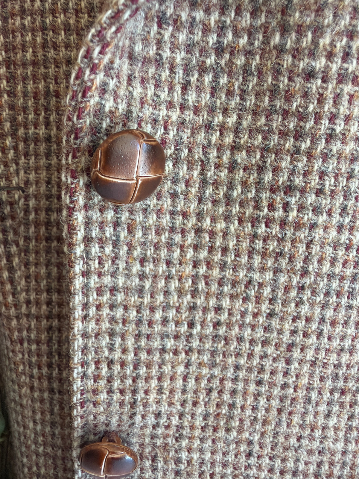 Brown Tweed Wool Blazer with Leather Buttons Silk Lined / Women's XS