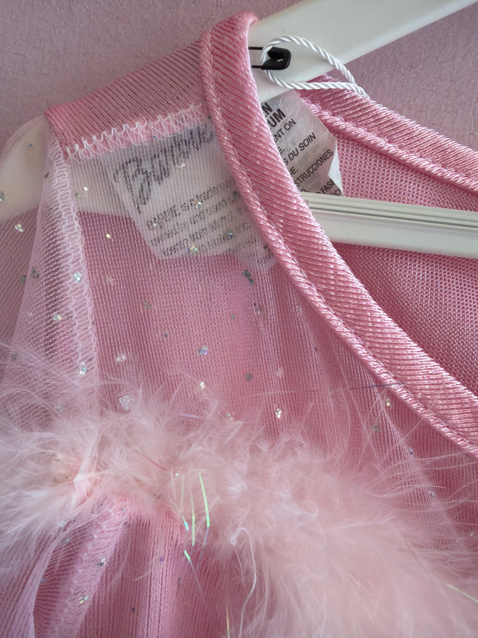 vintage y2k Barbie Girls Pink Sparkle Dress with Feather Trim / M  (play condition)