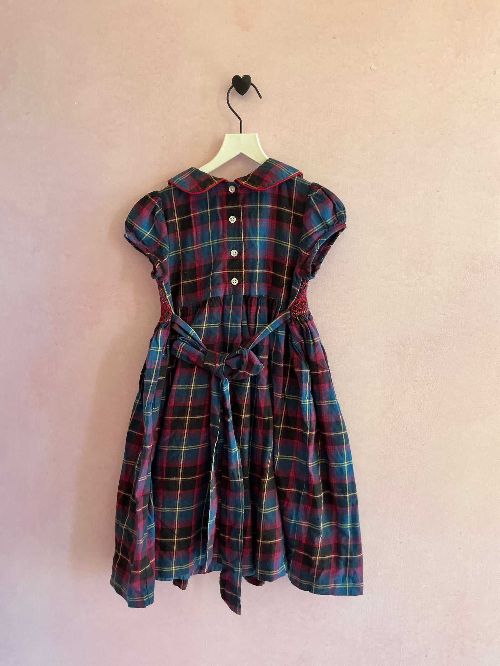 Laura Ashley Navy and Red Tartan Plaid with Rose Applique Hand Smocked Dress / 4