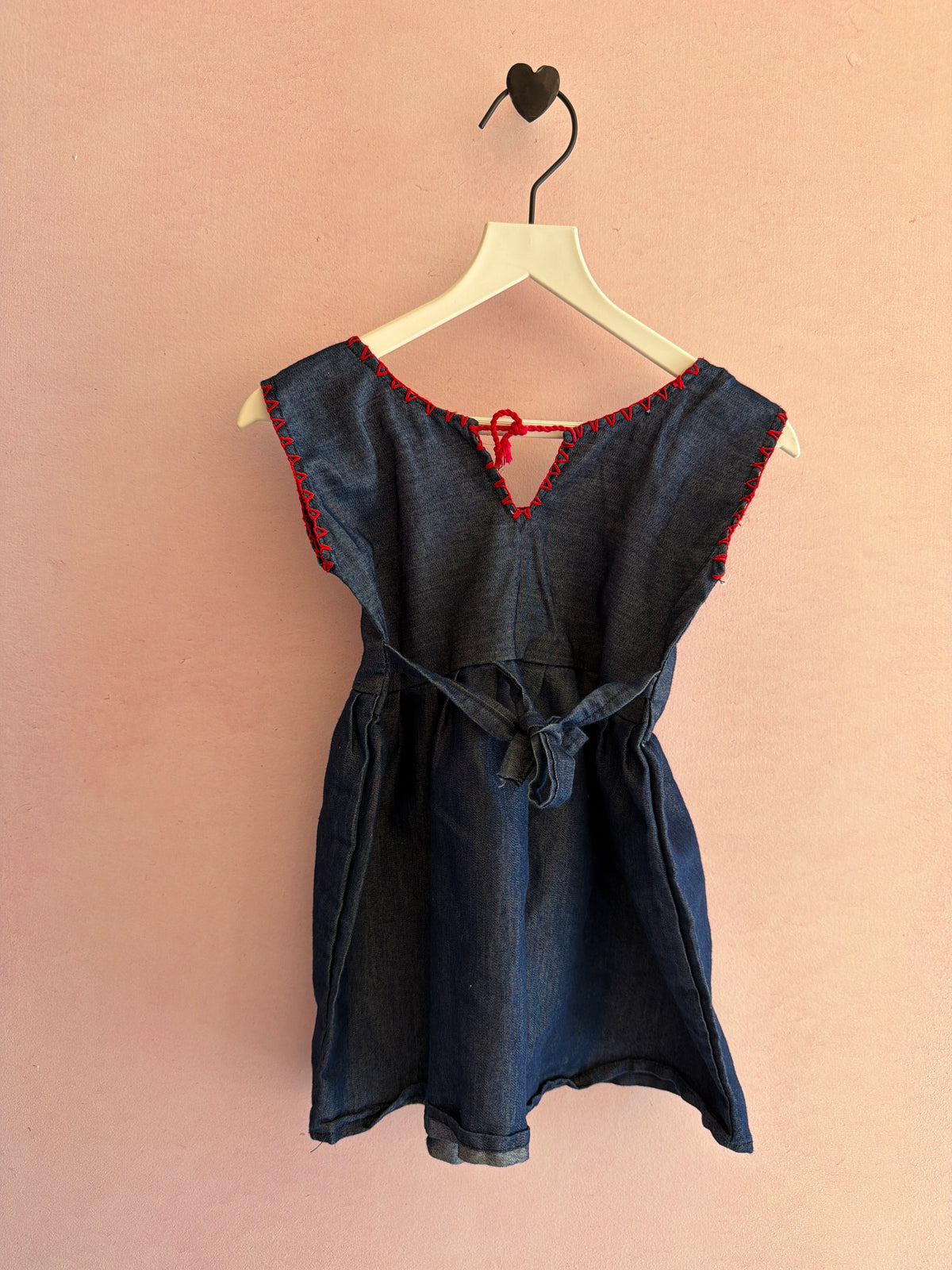 Embroidered Dark Blue Dress with Blanket Stitch Trim