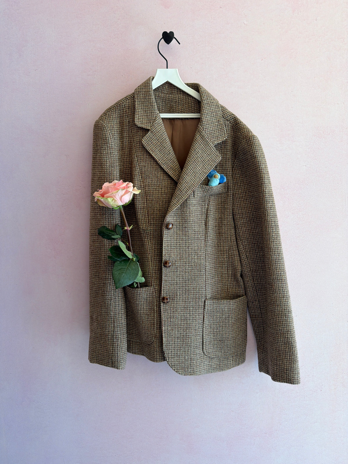 Brown Tweed Wool Blazer with Leather Buttons Silk Lined / Women's XS