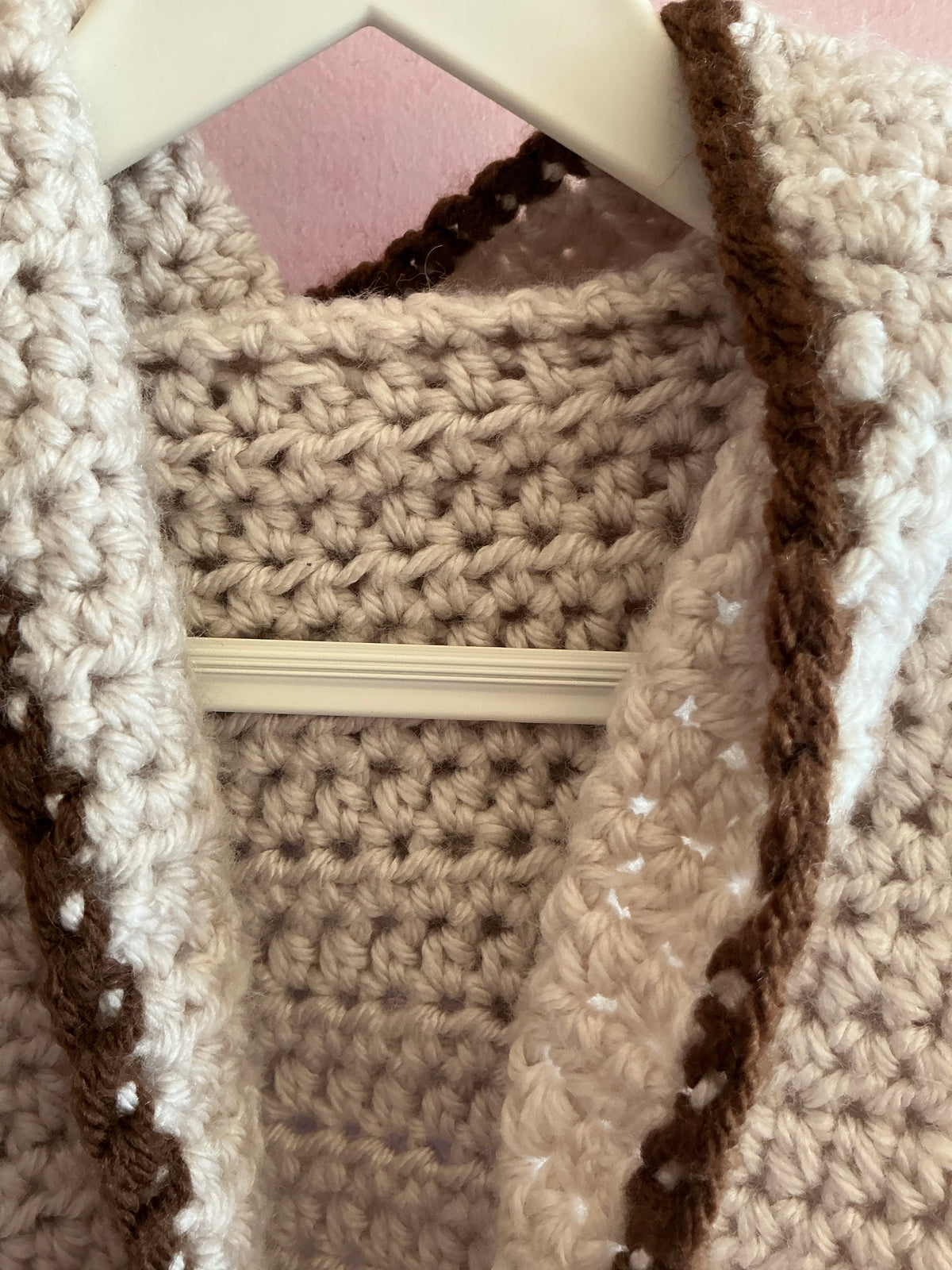 Pearl with brown trim Hooded Cardigan / 0-12 months