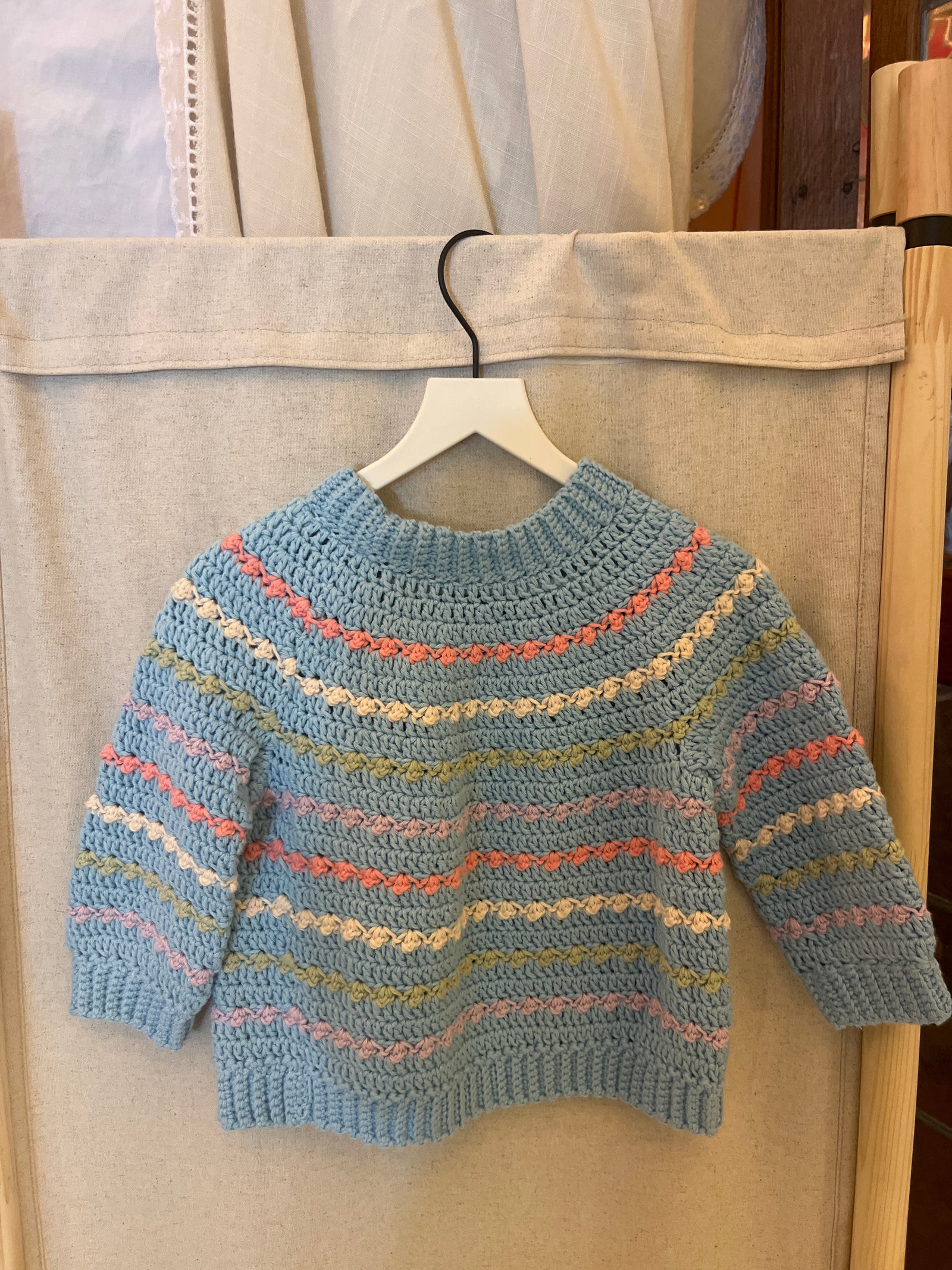 homemade Blue with pastel pink, yellow, and cream stripes Sweater / 18 months