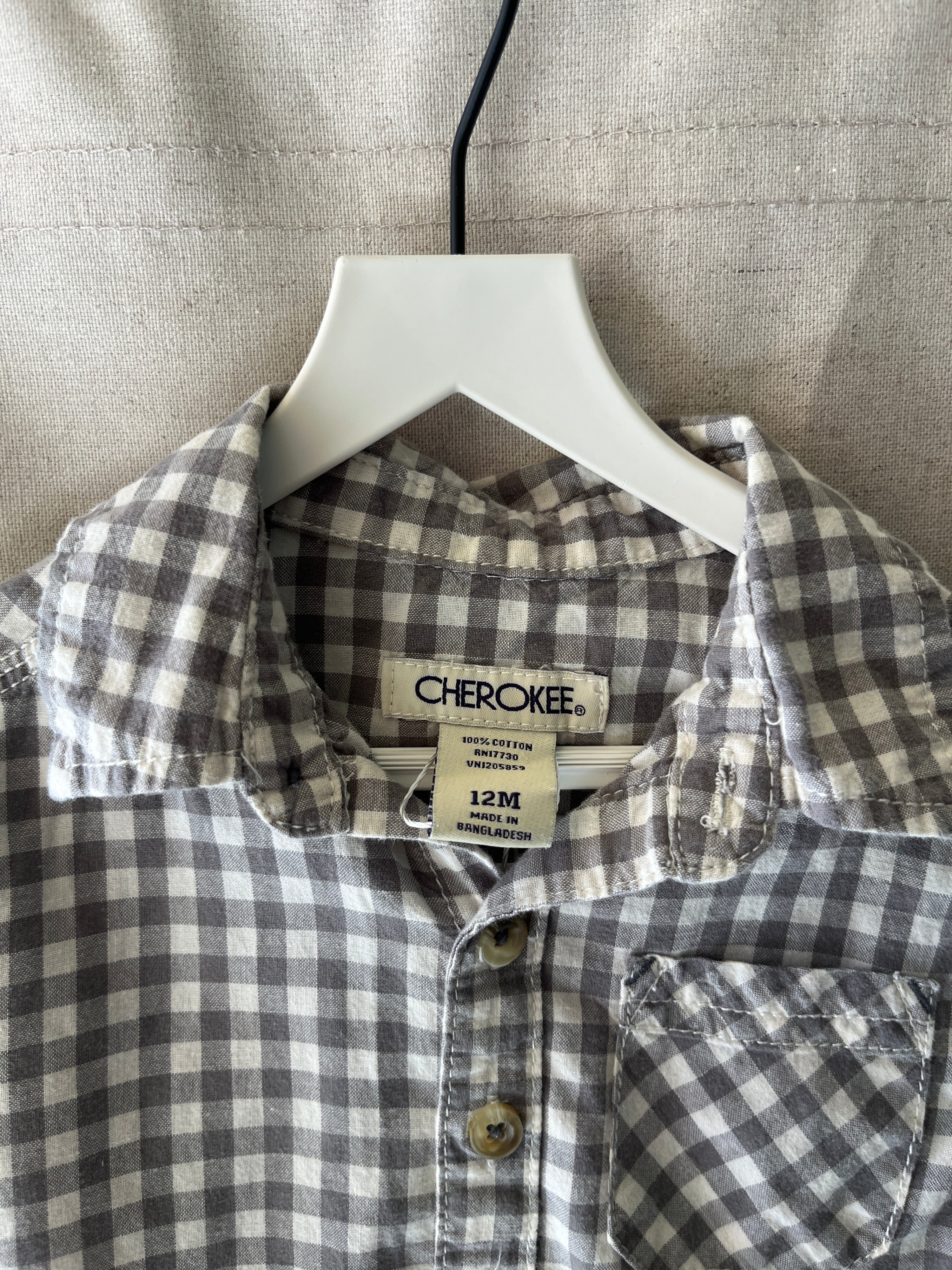 Cherokee Gray White Check Button Down / 12 months
