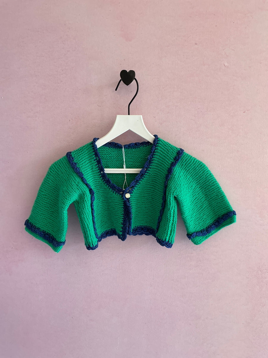 handmade Bright Green with Navy Crochet Trim Cardigan / 0-3 months