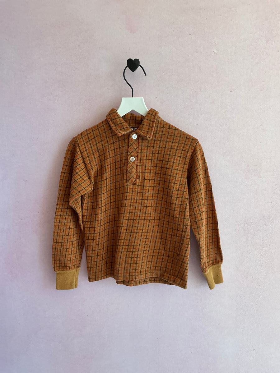 vintage 60s Rust Plaid Long Sleeve Shirt / 3-4 Years