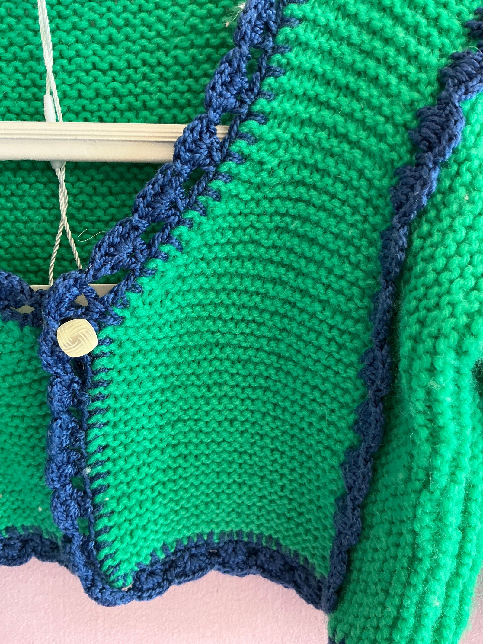 handmade Bright Green with Navy Crochet Trim Cardigan / 0-3 months