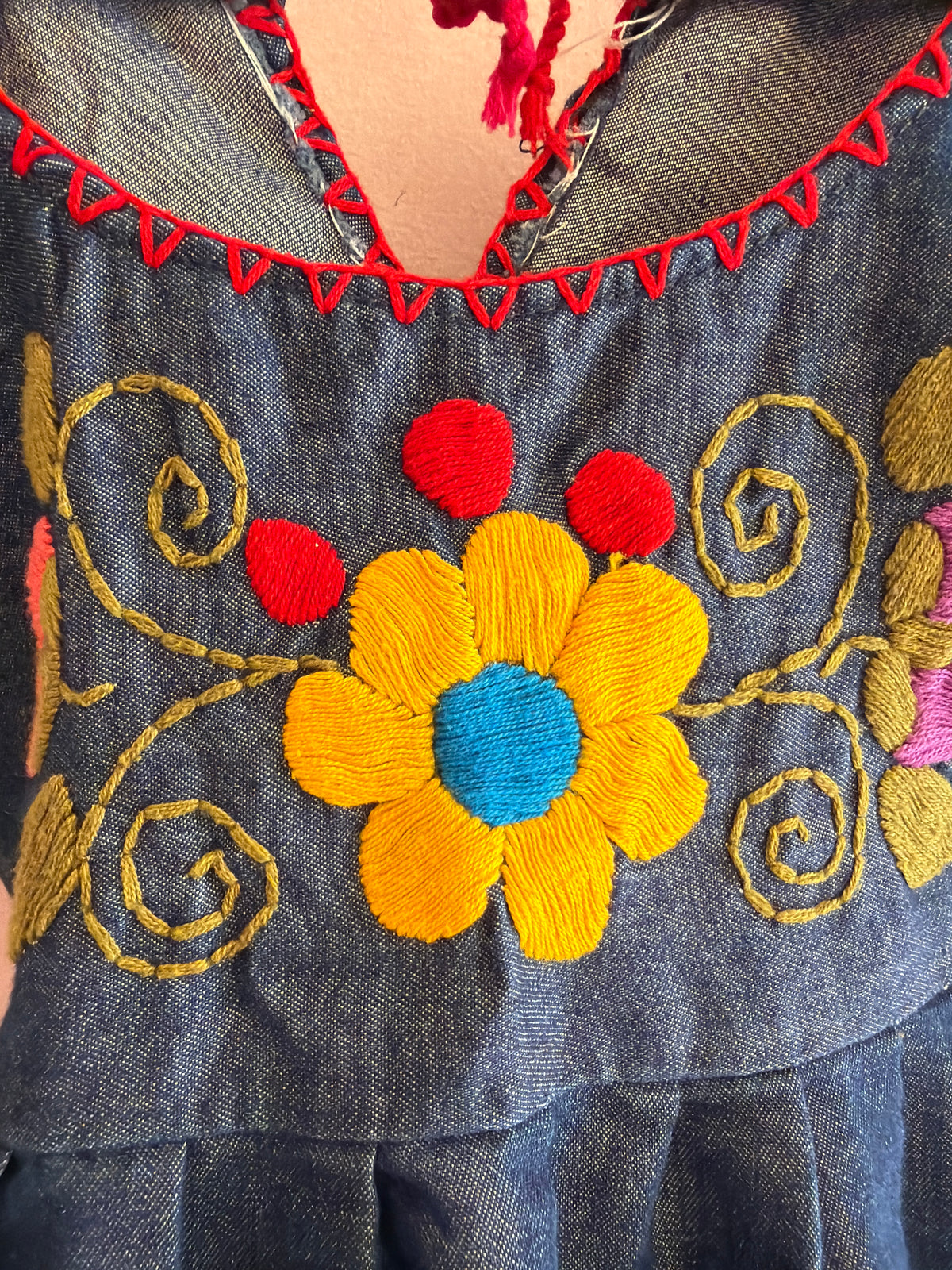 Embroidered Dark Blue Dress with Blanket Stitch Trim
