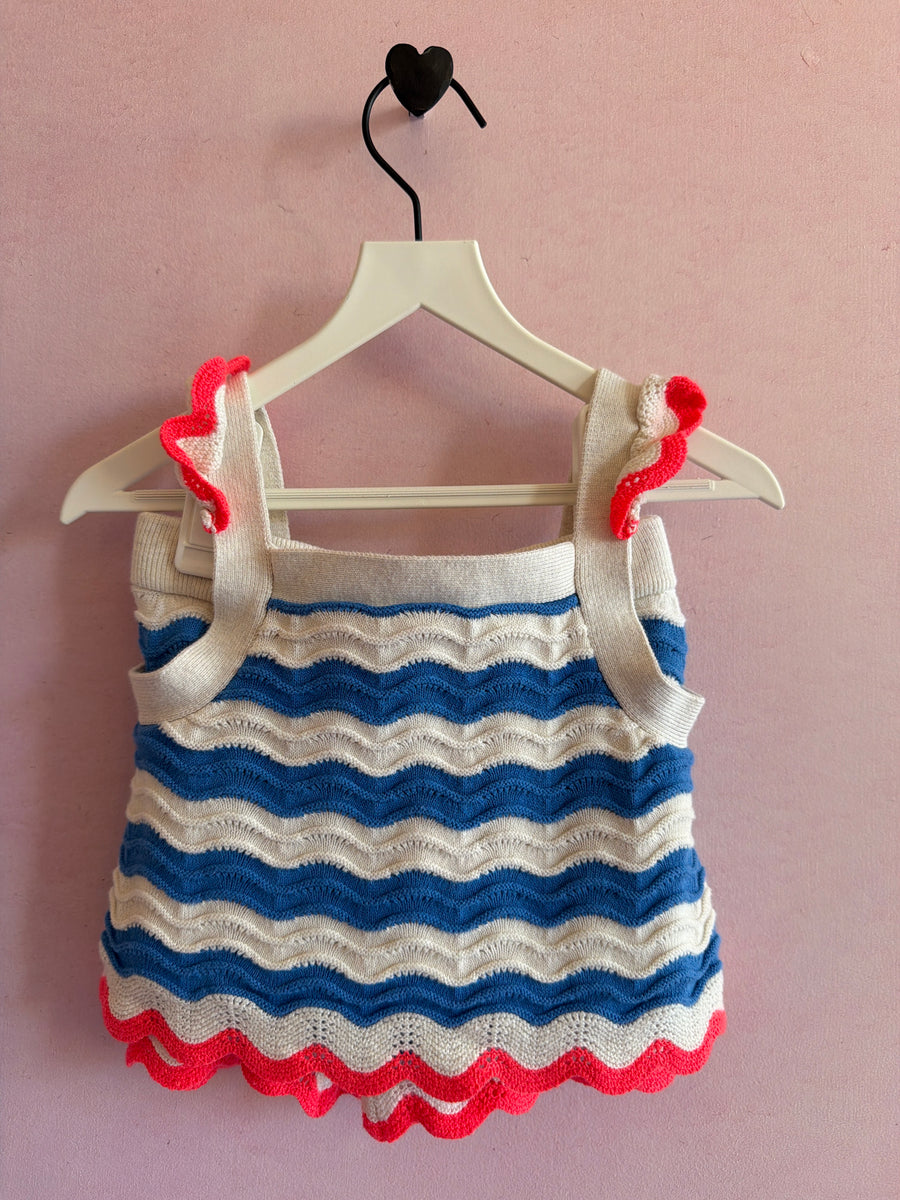 mini boden Blue Crochet Hot Orange Waves short Set / 3-4 Years