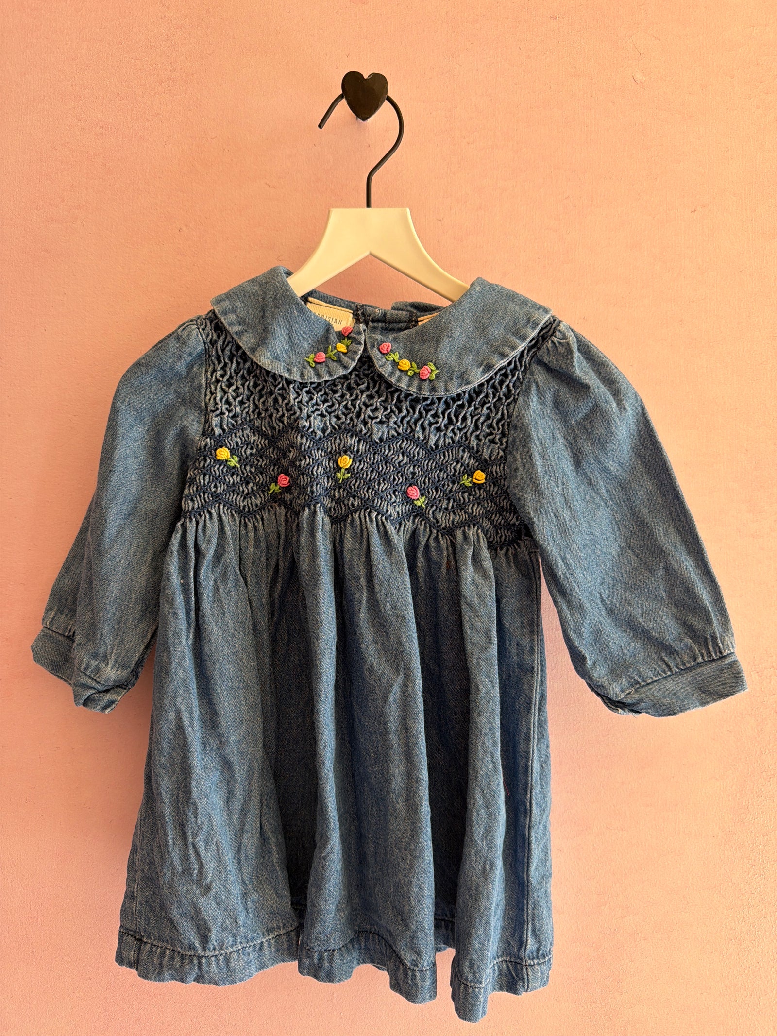 vintage Parisian Bebe Chambray Smocked Rosette Peter Pan Collar Dress / 12 months