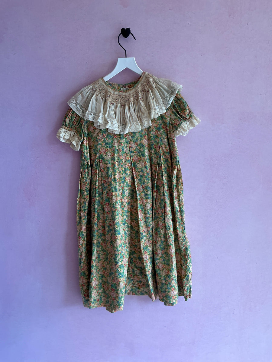 vintage Green Garden Lace Bib Collar Dress / 2-3 Years