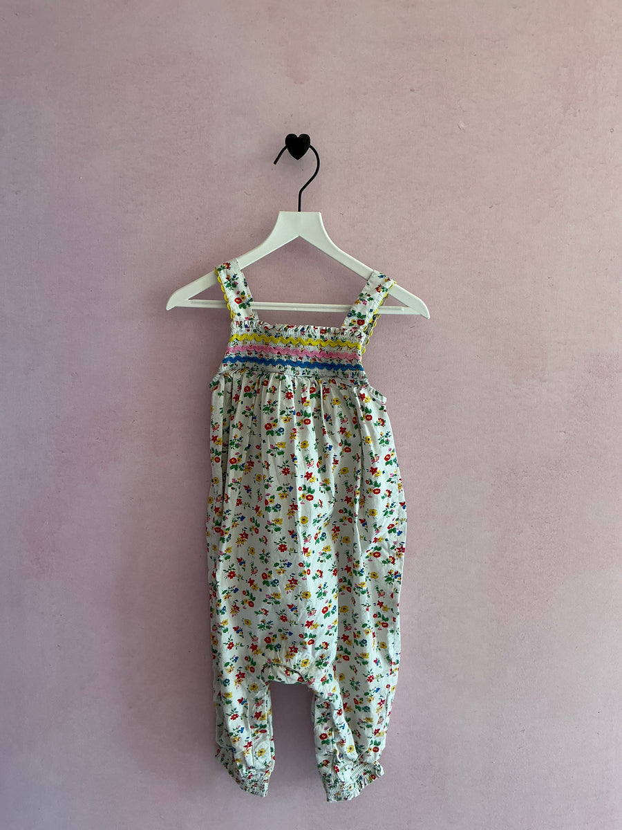 Baby Boden All-over floral, rick rack and smocking, snap closure Romper / 12-18 months