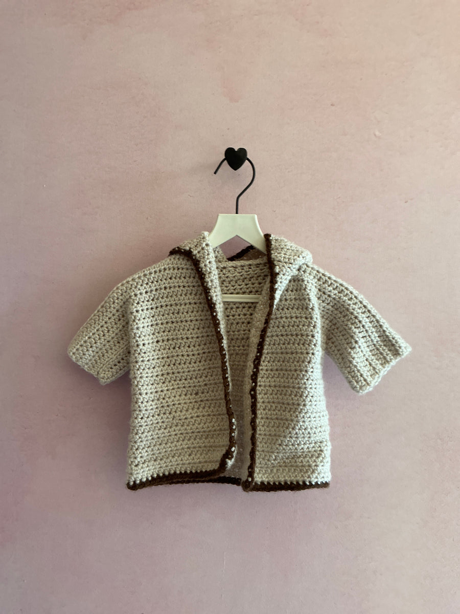 Pearl with brown trim Hooded Cardigan / 0-12 months