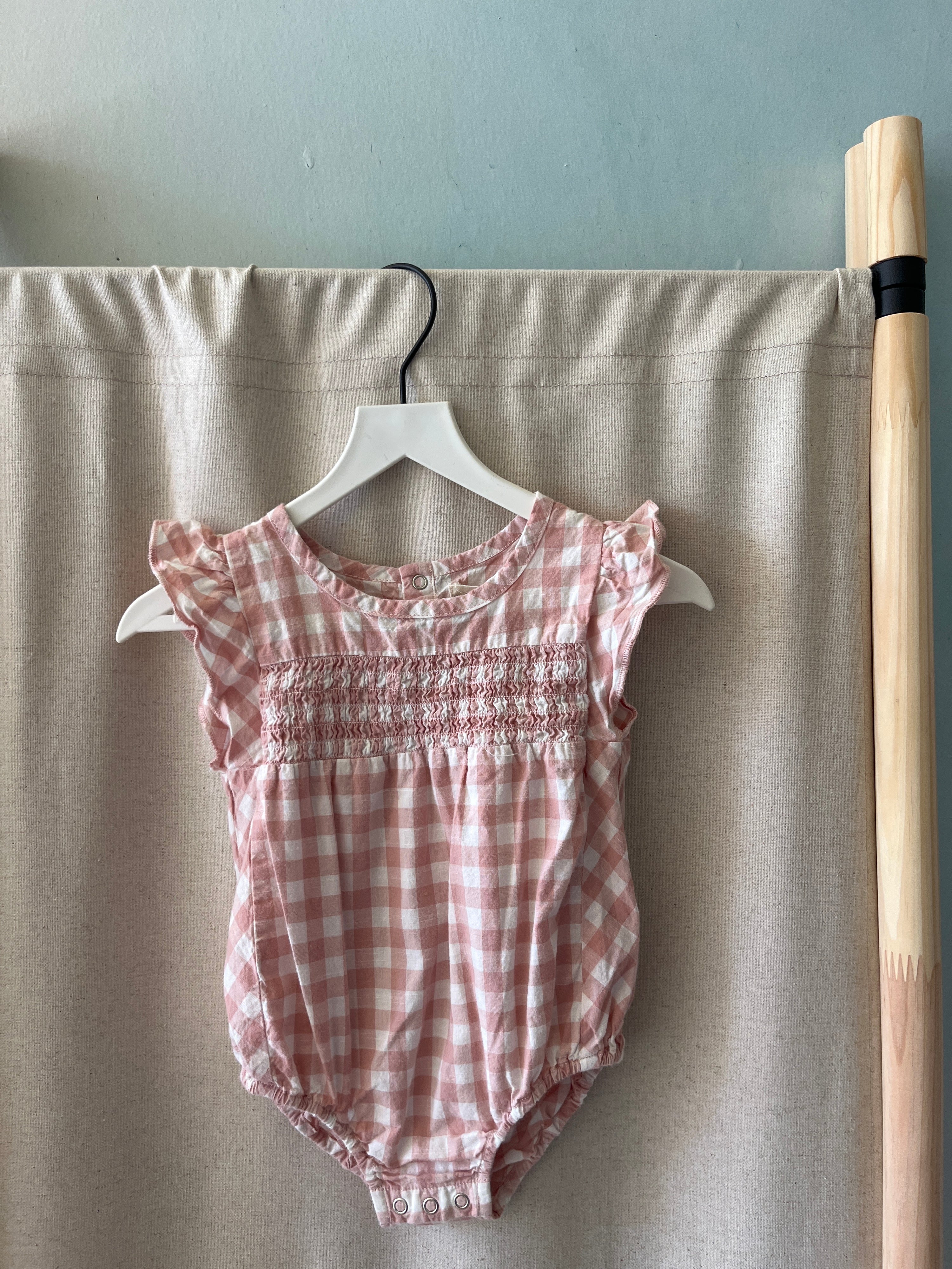 pehr pink white smocked ruffle gingham romper / 3-6 months